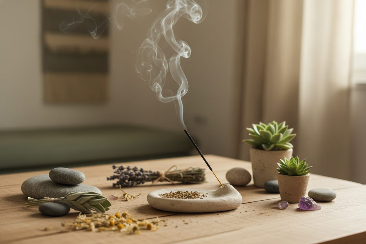 A stick of natural incense burning in a ceramic holder with botanical ingredients on a wooden table.