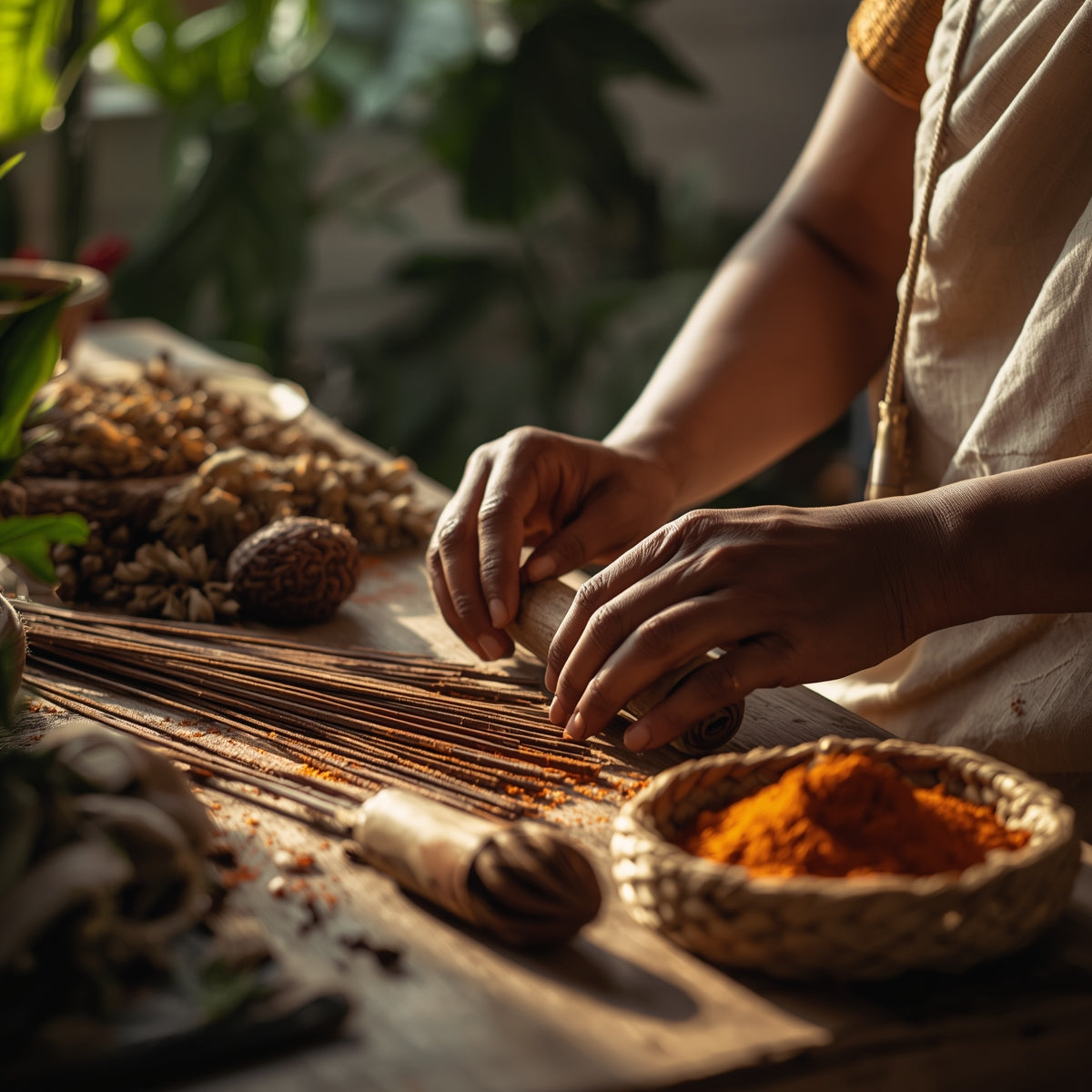 Artisanal Indian woman hand-rolling incense with raw natural ingredients