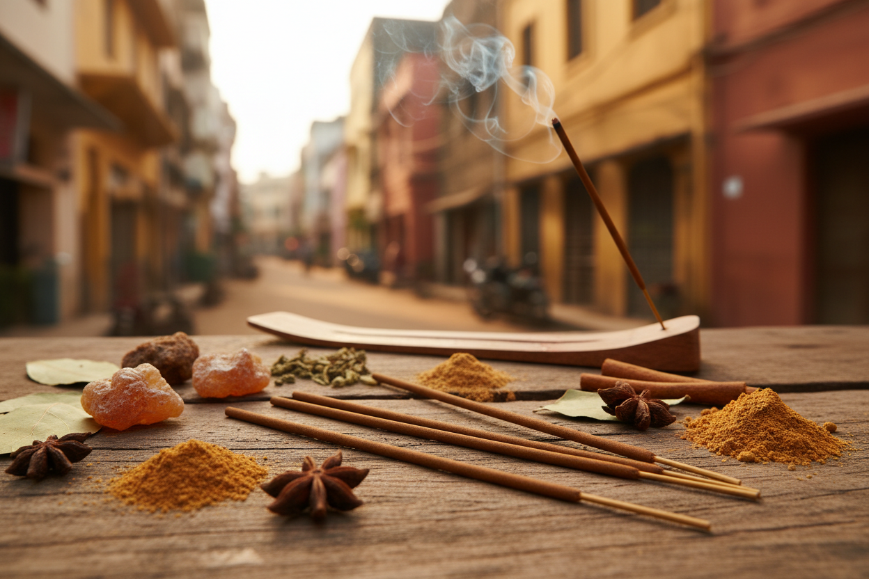 Incense stick burning in colourful earthy streets of Pondicherry.