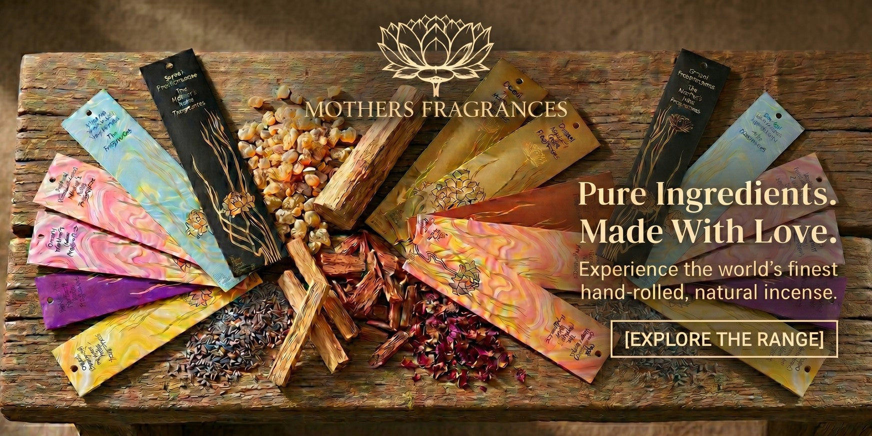 Collection of Mothers Fragrances Incense packets with raw ingredients on display.