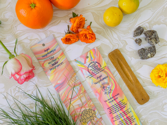 Mothers Fragrances Agni Nagchampa Incense Front and Back of Packet with Ingredients