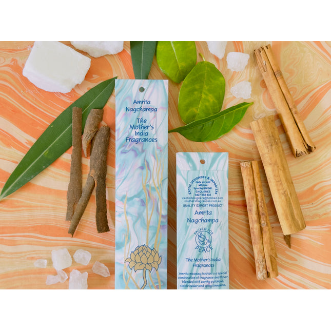 Mothers Fragrances Amrita Nagchampa Incense Front and Back of Packet with Ingredients