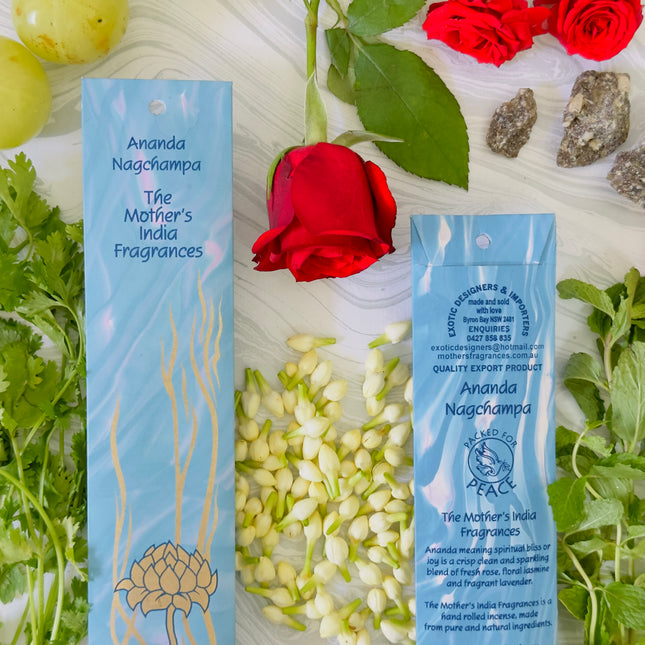 Mothers Fragrances Ananda Nagchampa Incense Front and Back of Packet with Ingredients