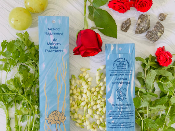 Mothers Fragrances Ananda Nagchampa Incense Front and Back of Packet with Ingredients