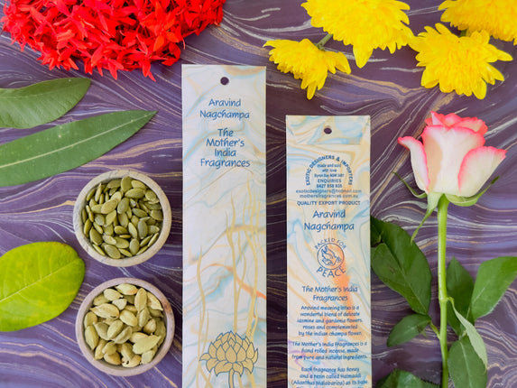 Mothers Fragrances Aravind Nagchampa Incense Front and Back of Packet with Ingredients