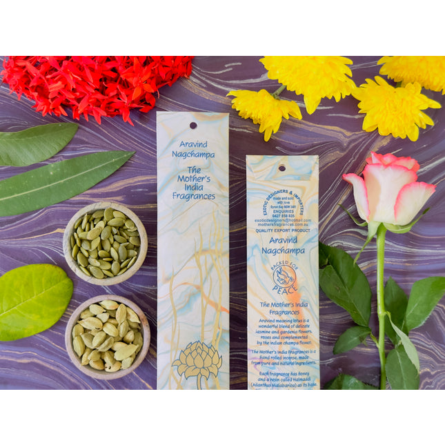 Mothers Fragrances Aravind Nagchampa Incense Front and Back of Packet with Ingredients