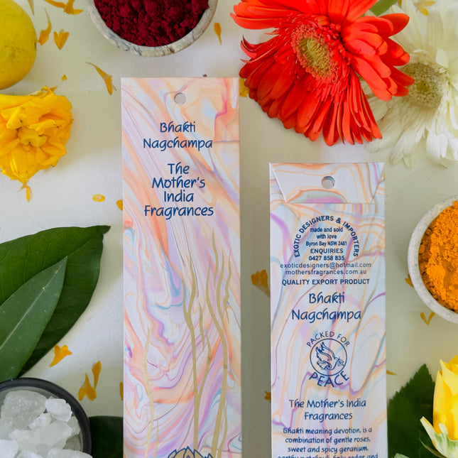 Mothers Fragrances Bhakti Nagchampa Incense Front and Back of Packet with Ingredients