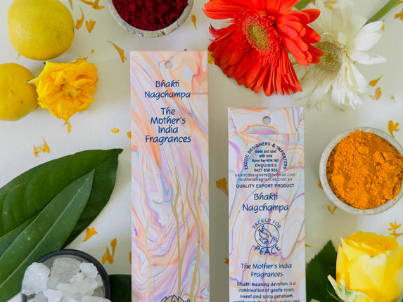Mothers Fragrances Bhakti Nagchampa Incense Front and Back of Packet with Ingredients