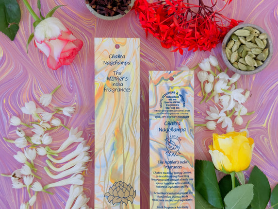 Mothers Fragrances Chakra Nagchampa Incense Front and Back of Packet with Ingredients