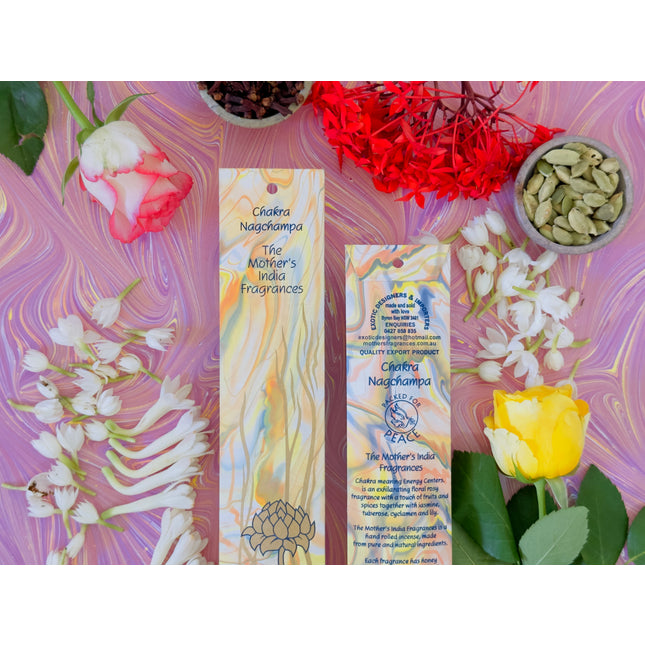 Mothers Fragrances Chakra Nagchampa Incense Front and Back of Packet with Ingredients
