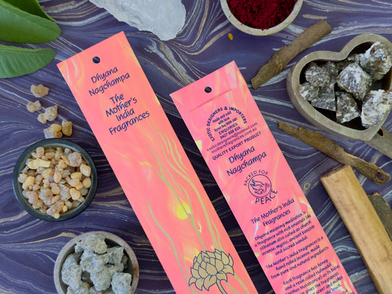 Mothers Fragrances Dhyana Nagchampa Incense Front and Back of Packet with Ingredients