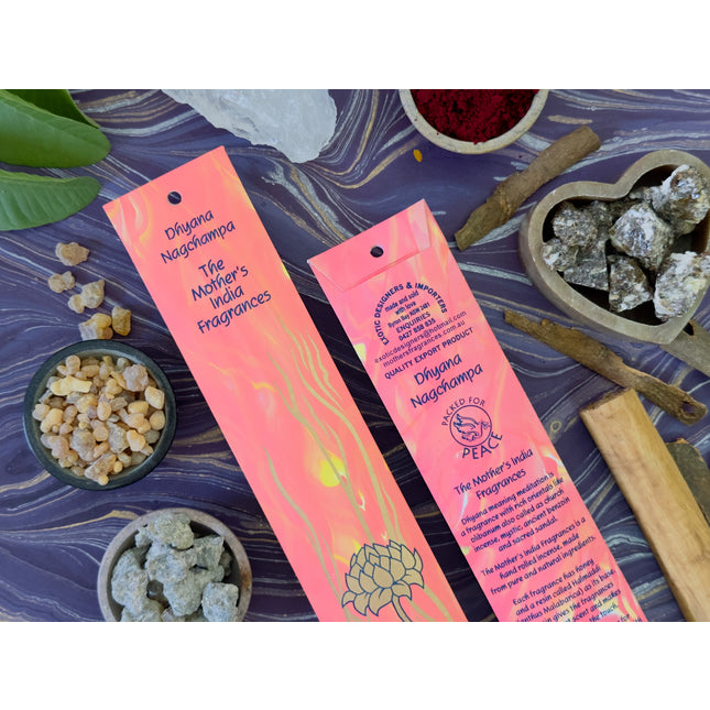 Mothers Fragrances Dhyana Nagchampa Incense Front and Back of Packet with Ingredients