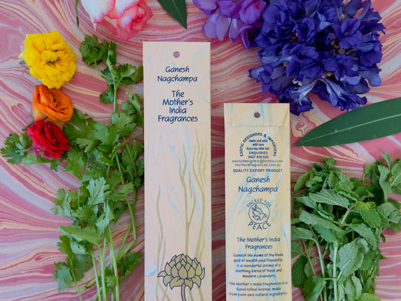 Mothers Fragrances Ganesh Nagchampa Incense Front and Back of Packet with Ingredients