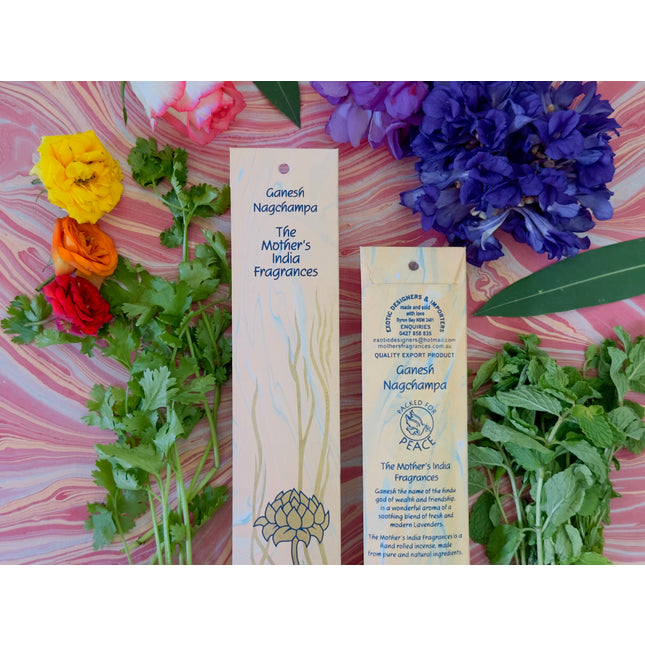Mothers Fragrances Ganesh Nagchampa Incense Front and Back of Packet with Ingredients