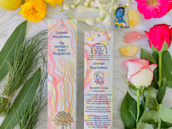 Mothers Fragrances Govinda Nagchampa Incense Front and Back of Packet with Ingredients
