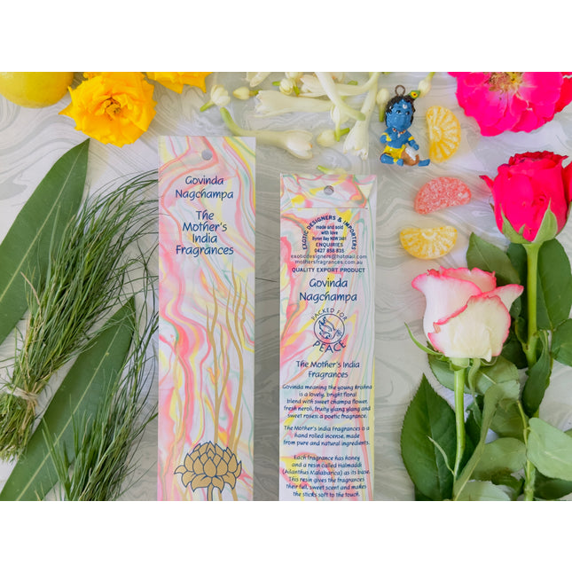 Mothers Fragrances Govinda Nagchampa Incense Front and Back of Packet with Ingredients