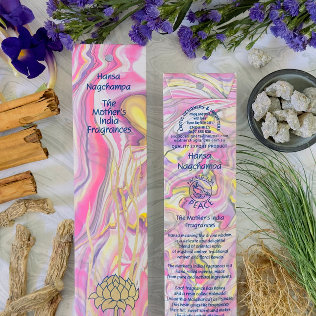 Mothers Fragrances Hansa Nagchampa Incense Front and Back of Packet with Ingredients