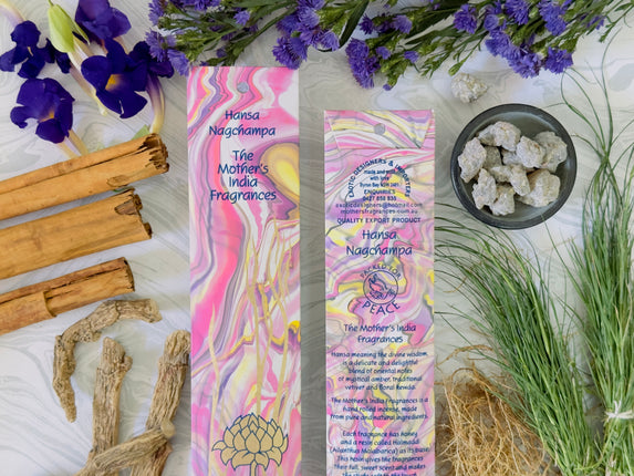 Mothers Fragrances Hansa Nagchampa Incense Front and Back of Packet with Ingredients