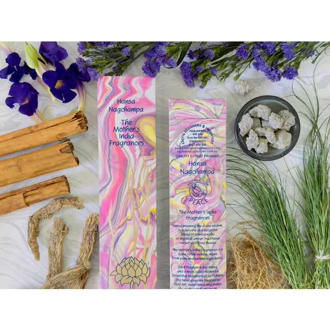 Mothers Fragrances Hansa Nagchampa Incense Front and Back of Packet with Ingredients