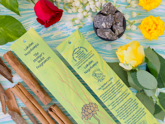 Mothers Fragrances Lakshmi Nagchampa Incense Front and Back of Packet with Ingredients