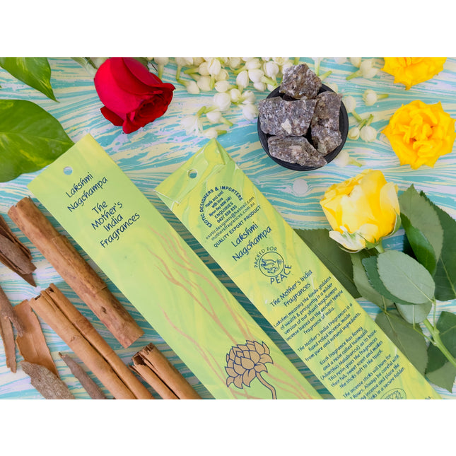 Mothers Fragrances Lakshmi Nagchampa Incense Front and Back of Packet with Ingredients