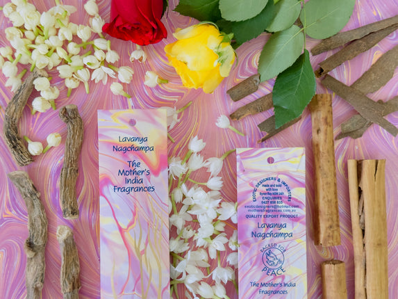 Mothers Fragrances Lavanya Nagchampa Incense Front and Back of Packet with Ingredients