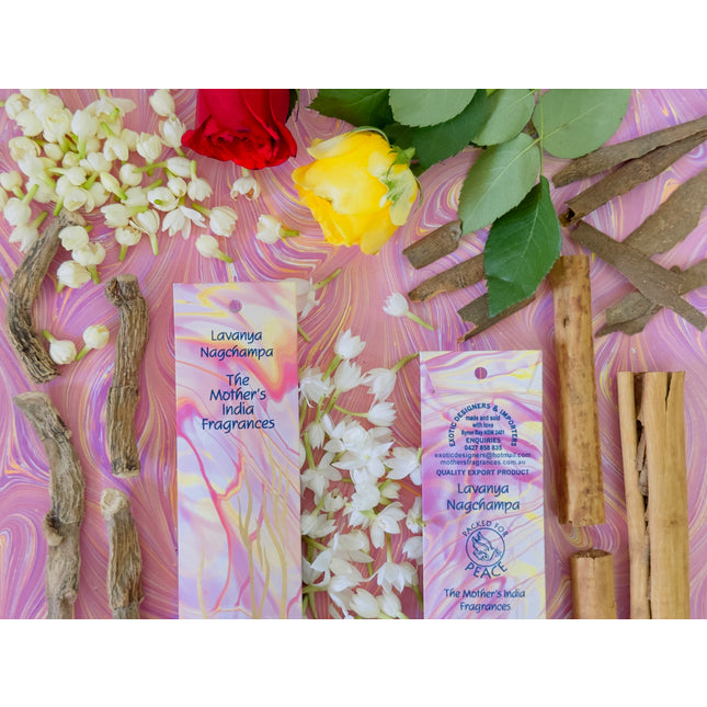 Mothers Fragrances Lavanya Nagchampa Incense Front and Back of Packet with Ingredients
