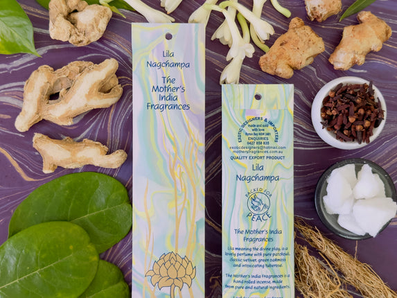 Mothers Fragrances Lila Nagchampa Incense Front and Back of Packet with Ingredients