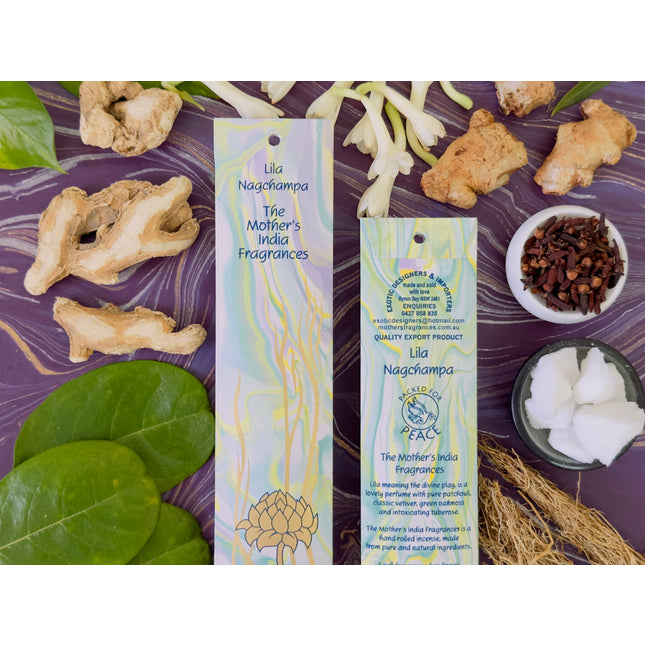 Mothers Fragrances Lila Nagchampa Incense Front and Back of Packet with Ingredients
