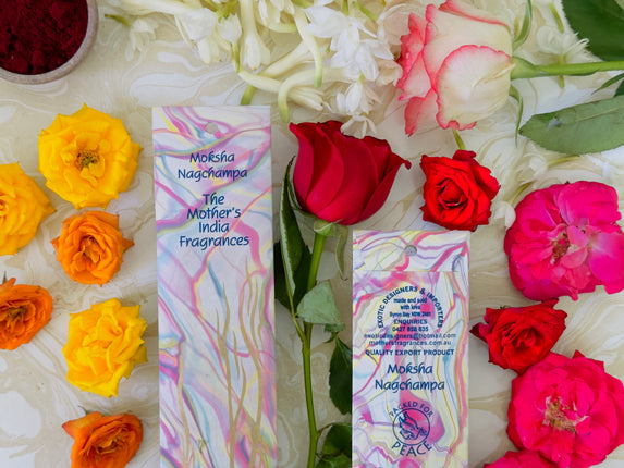 Mothers Fragrances Moksha Nagchampa Incense Front and Back of Packet with Ingredients