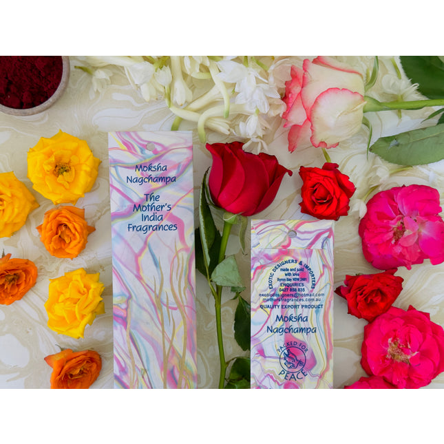 Mothers Fragrances Moksha Nagchampa Incense Front and Back of Packet with Ingredients