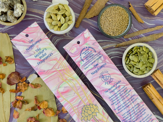 Mothers Fragrances Om Nagchampa Incense Front and Back of Packet with Ingredients