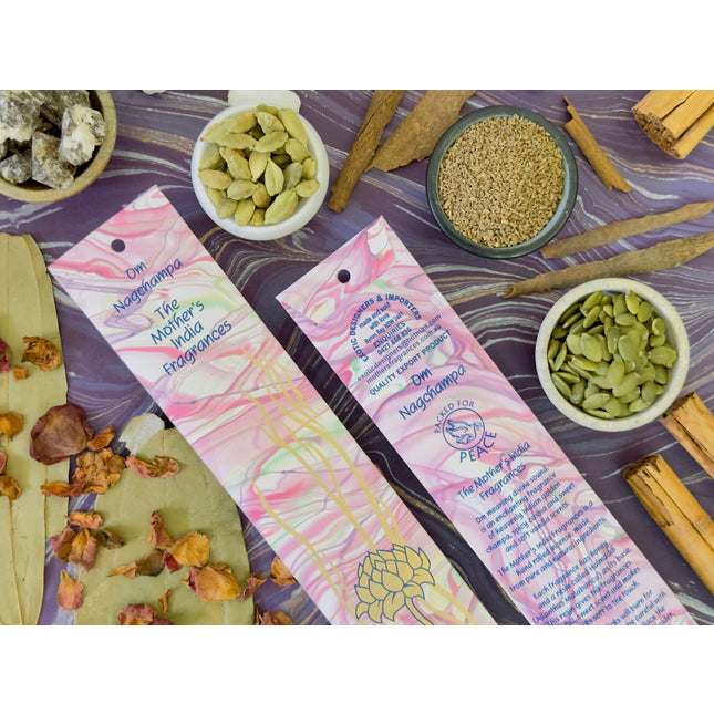 Mothers Fragrances Om Nagchampa Incense Front and Back of Packet with Ingredients