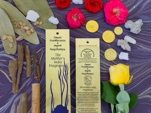 Mothers Fragrances Omani Frankincense and Myrrh Nagchampa Incense Front and Back of Packet with Ingredients