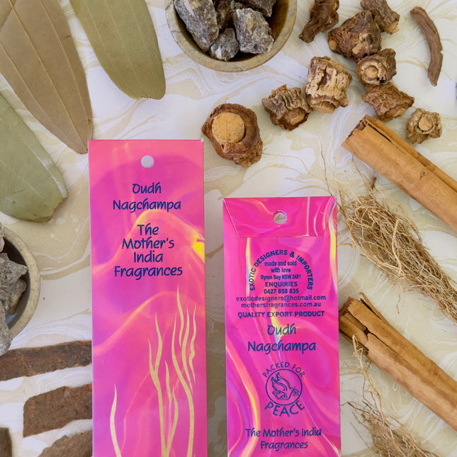 Mothers Fragrances Oudh Nagchampa Incense Front and Back of Packet with Ingredients