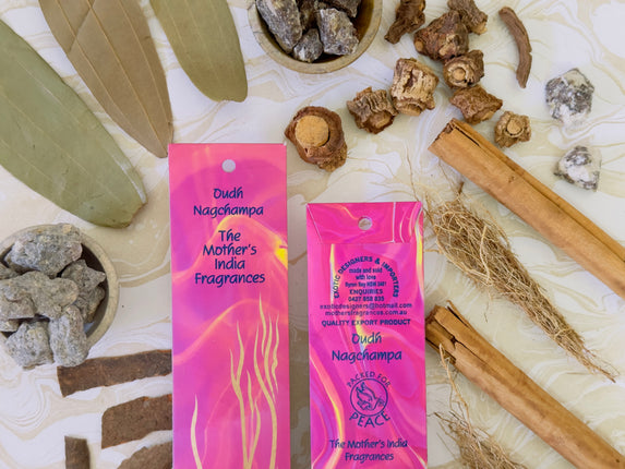 Mothers Fragrances Oudh Nagchampa Incense Front and Back of Packet with Ingredients