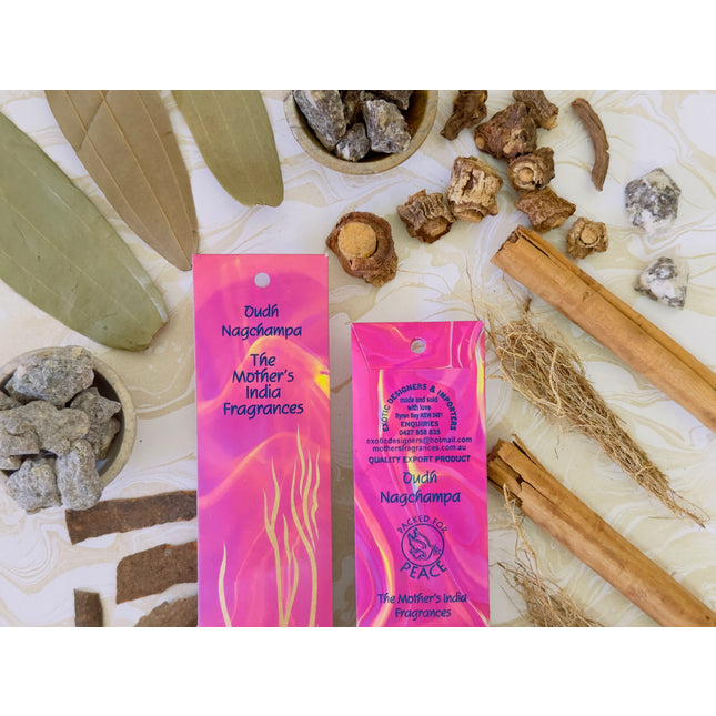 Mothers Fragrances Oudh Nagchampa Incense Front and Back of Packet with Ingredients