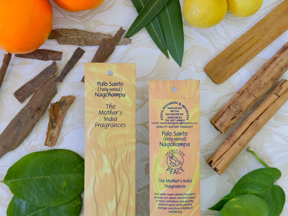 Mothers Fragrances Palo Santo Holy Wood Nagchampa Incense Front and Back of Packet with Ingredients