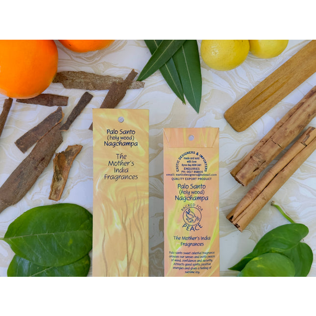 Mothers Fragrances Palo Santo Holy Wood Nagchampa Incense Front and Back of Packet with Ingredients