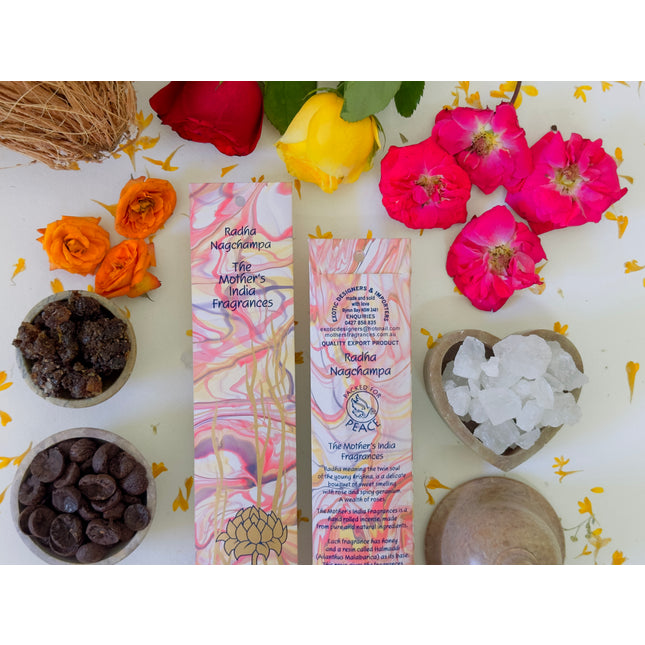 Mothers Fragrances Radha Nagchampa Incense Front and Back of Packet with Ingredients