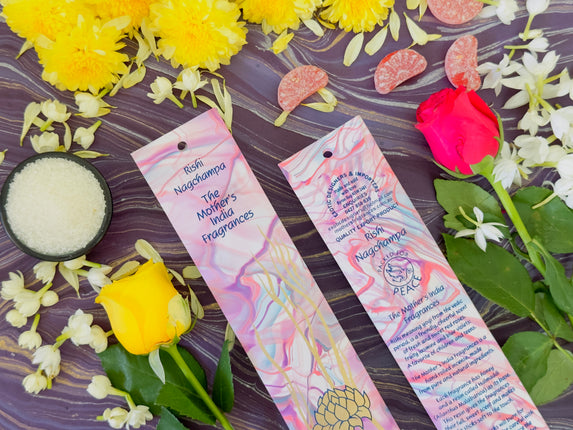 Mothers Fragrances Rishi Nagchampa Incense Front and Back of Packet with Ingredients