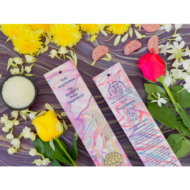 Mothers Fragrances Rishi Nagchampa Incense Front and Back of Packet with Ingredients