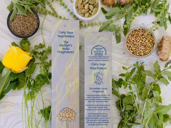 Mothers Fragrances Clary Sage Nagchampa Incense Front and Back of Packet with Ingredients