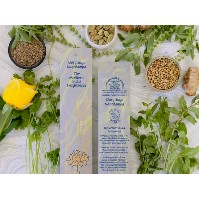 Mothers Fragrances Clary Sage Nagchampa Incense Front and Back of Packet with Ingredients