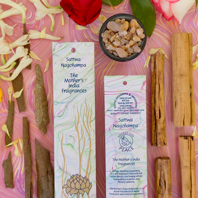 Mothers Fragrances Sattwa Nagchampa Incense Front and Back of Packet with Ingredients