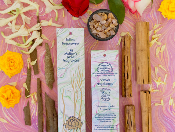 Mothers Fragrances Sattwa Nagchampa Incense Front and Back of Packet with Ingredients