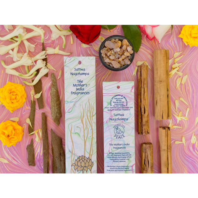 Mothers Fragrances Sattwa Nagchampa Incense Front and Back of Packet with Ingredients