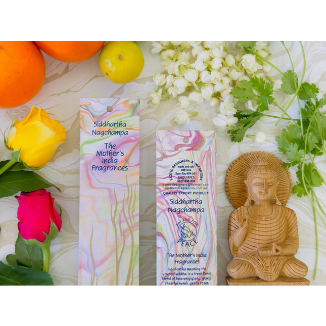 Mothers Fragrances Siddhartha Nagchampa Incense Front and Back of Packet with Ingredients