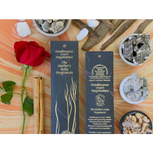 Mothers Fragrances Sweet Frankincense Nagchampa Incense Front and Back of Packet with Ingredients