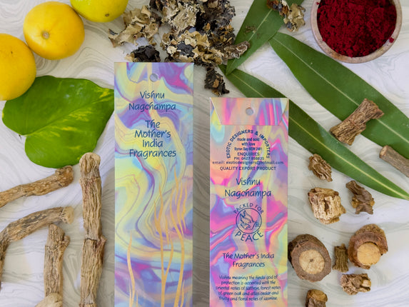 Mothers Fragrances Vishnu Nagchampa Incense Front and Back of Packet with Ingredients